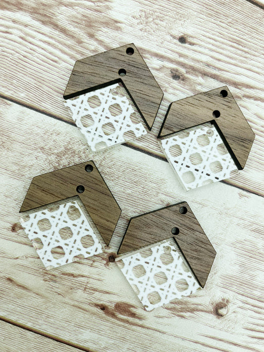 Patterned White Rattan Acrylic and Wood Arrow Diamond Set Earring Blanks, DIY Jewelry Making