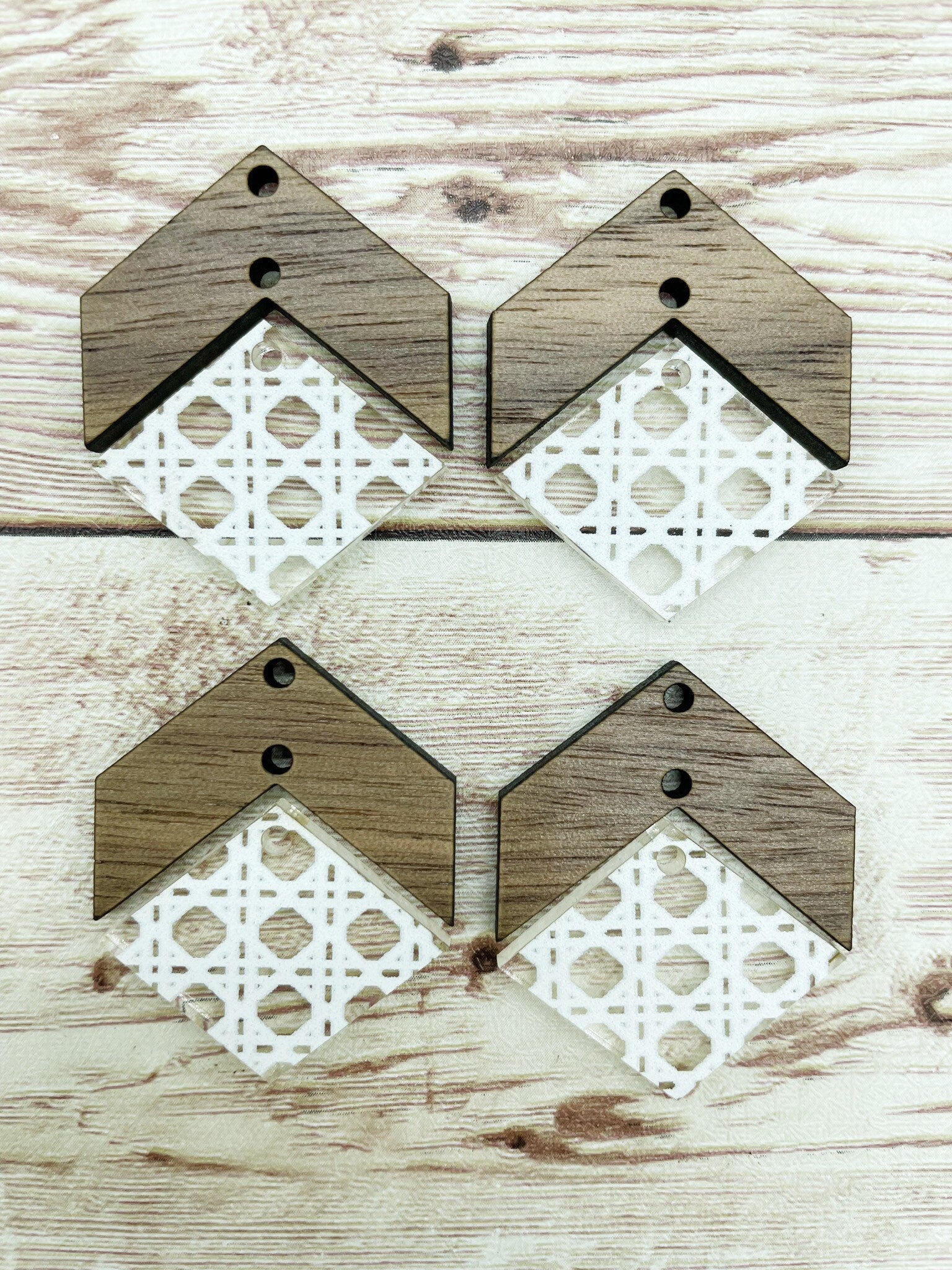Patterned White Rattan Acrylic and Wood Arrow Diamond Set Earring Blanks, DIY Jewelry Making
