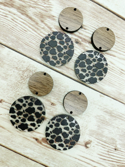 Patterned Cow Print Acrylic and Wood Circle Set Earring Blanks, DIY Jewelry Making