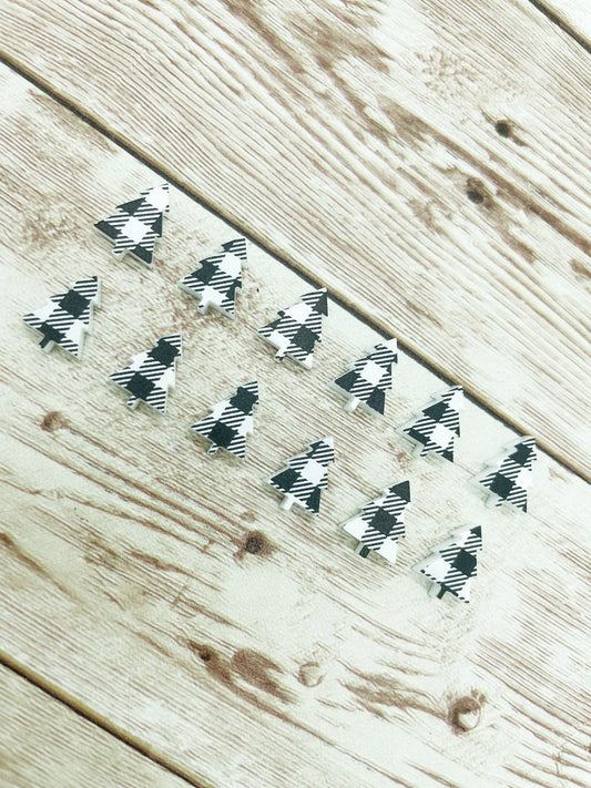 Black and White Buffalo Plaid Acrylic Christmas Tree Stud Earring Blanks Set of 6 Pair DIY Jewelry Making