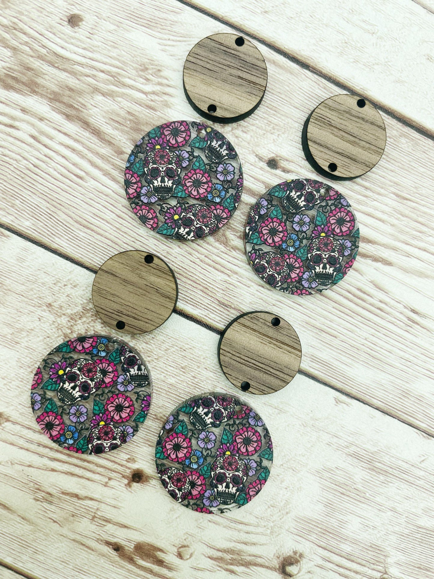 Patterned Floral Sugar Skull Acrylic and Wood Circle Set Earring Blanks, DIY Jewelry Making