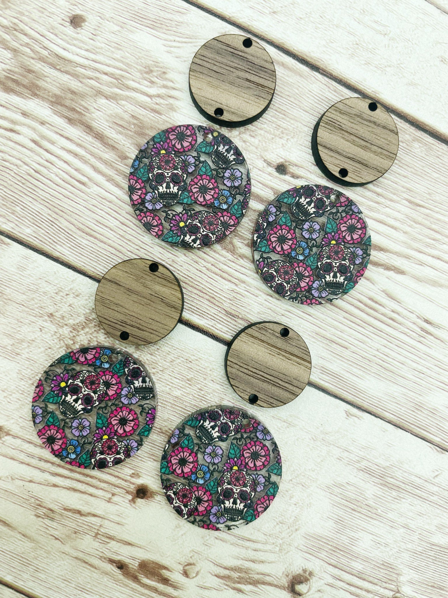 Patterned Floral Sugar Skull Acrylic and Wood Circle Set Earring Blanks, DIY Jewelry Making