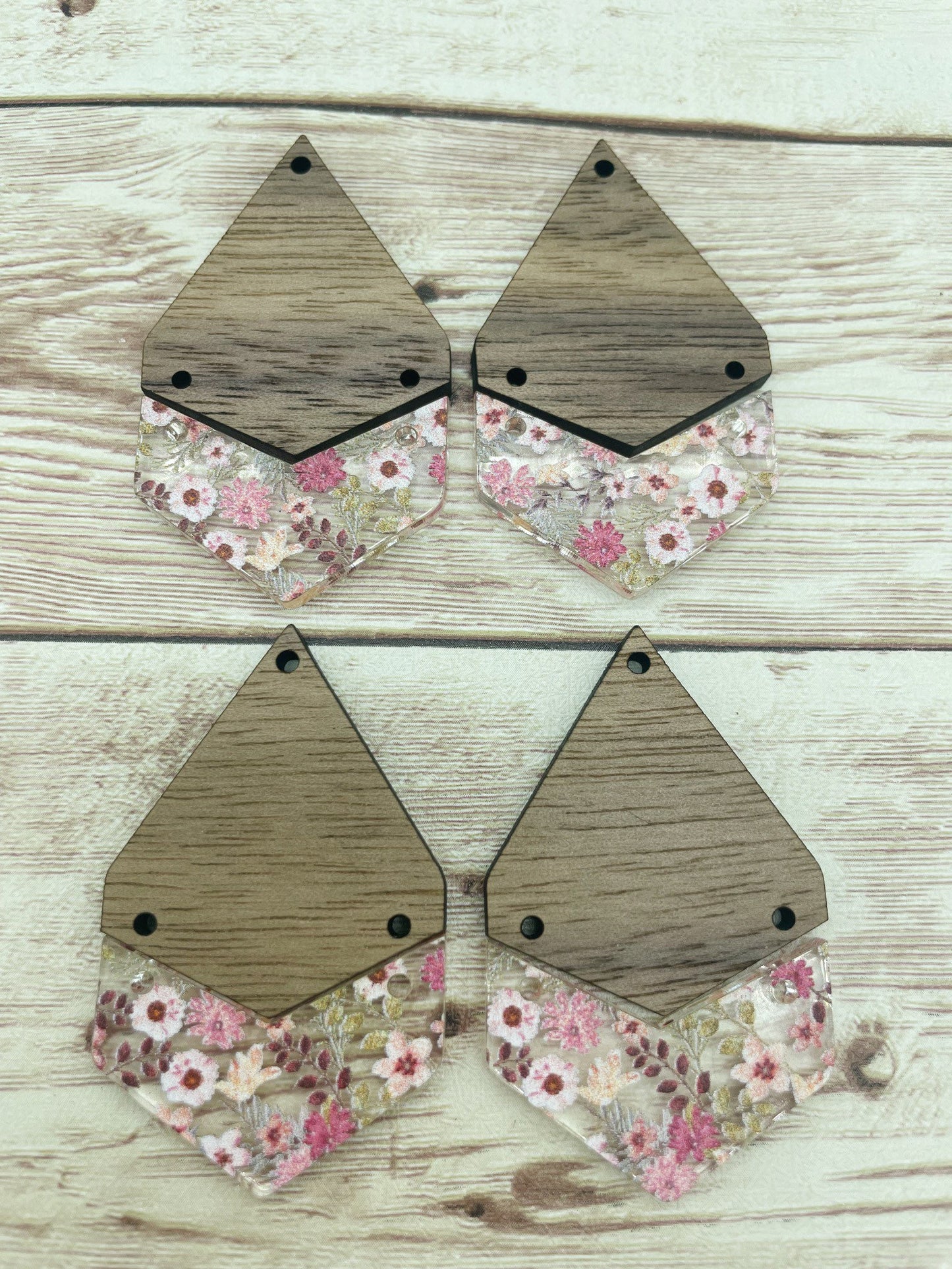 Patterned Dusty Floral Acrylic and Walnut Teardrop Set Earring Blanks, DIY Jewelry Making