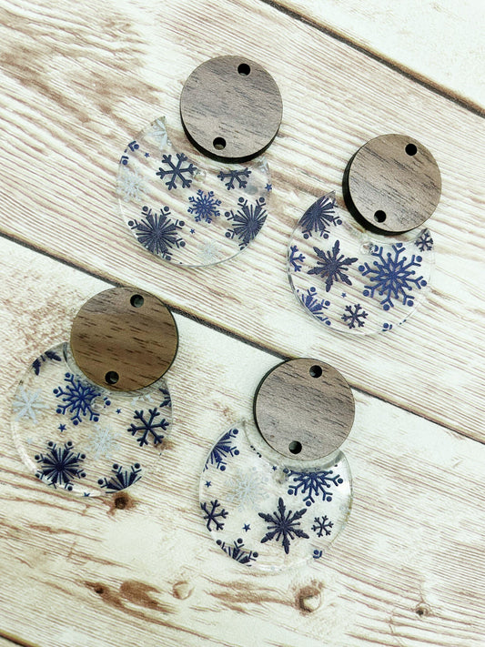 Patterned Blue Silver Snowflake Acrylic and Wood Circle Set Earring Blanks, DIY Jewelry Making