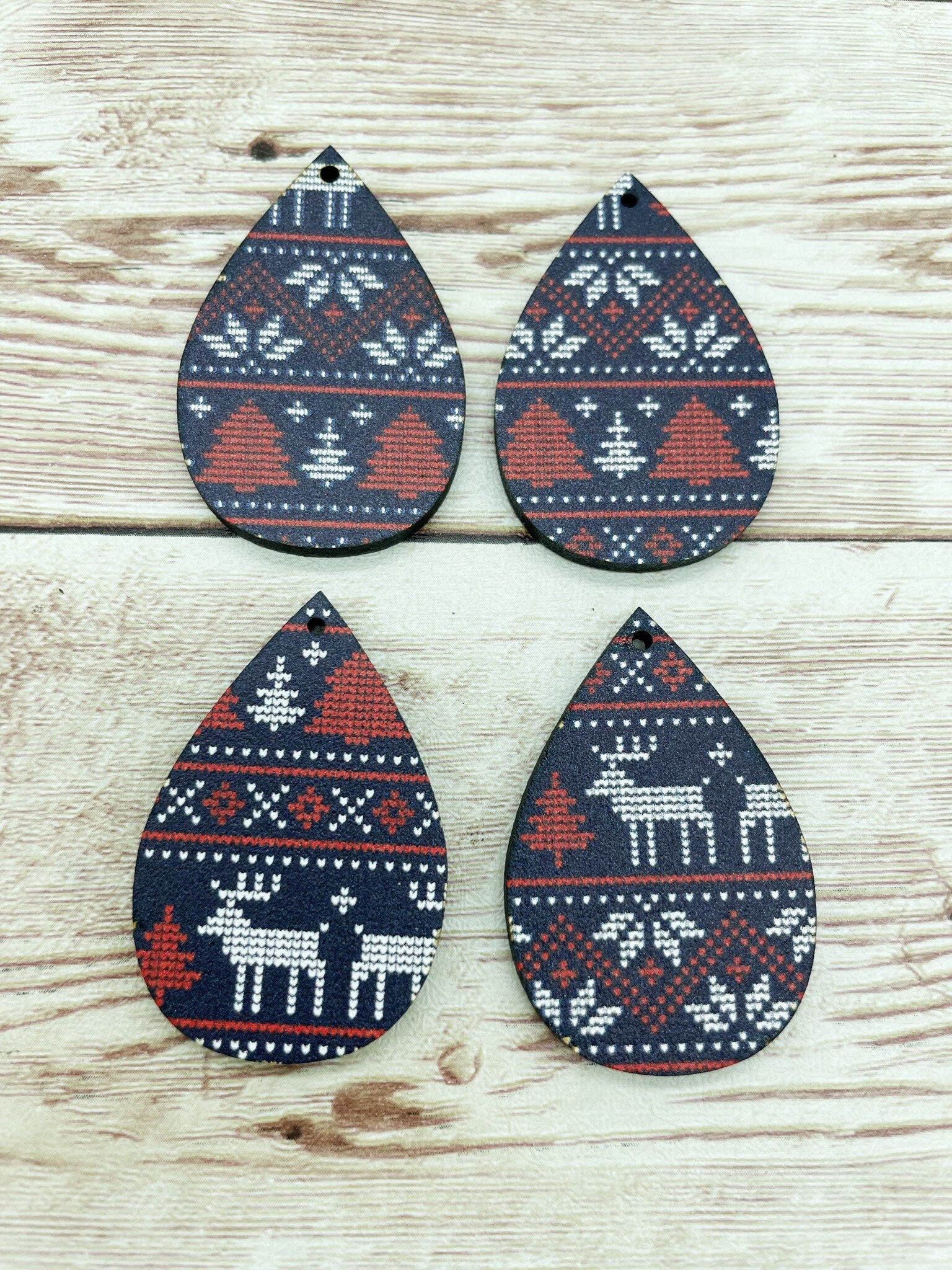 Patterned Wood Christmas Sweater Print Teardrop Earring Blanks, DIY Jewelry Making
