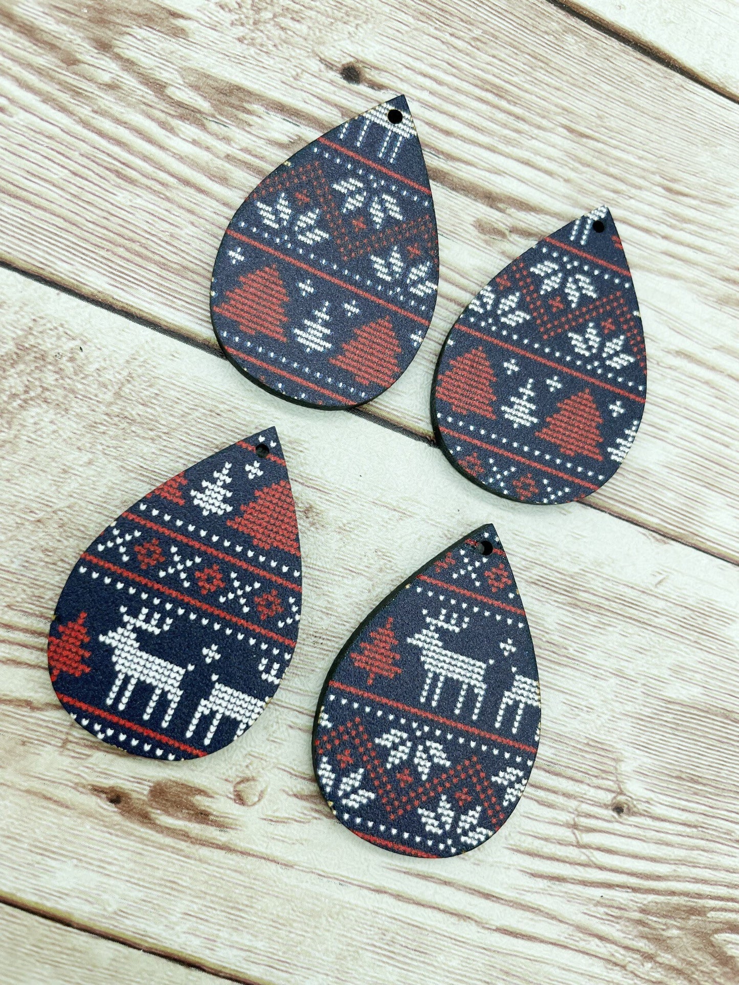 Patterned Wood Christmas Sweater Print Teardrop Earring Blanks, DIY Jewelry Making
