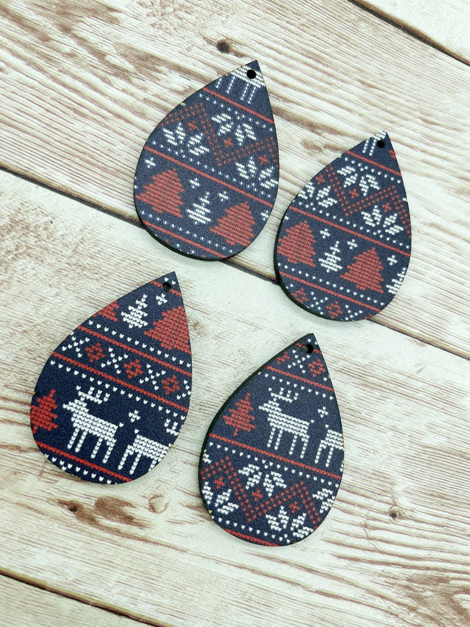 Patterned Wood Christmas Sweater Print Teardrop Earring Blanks, DIY Jewelry Making