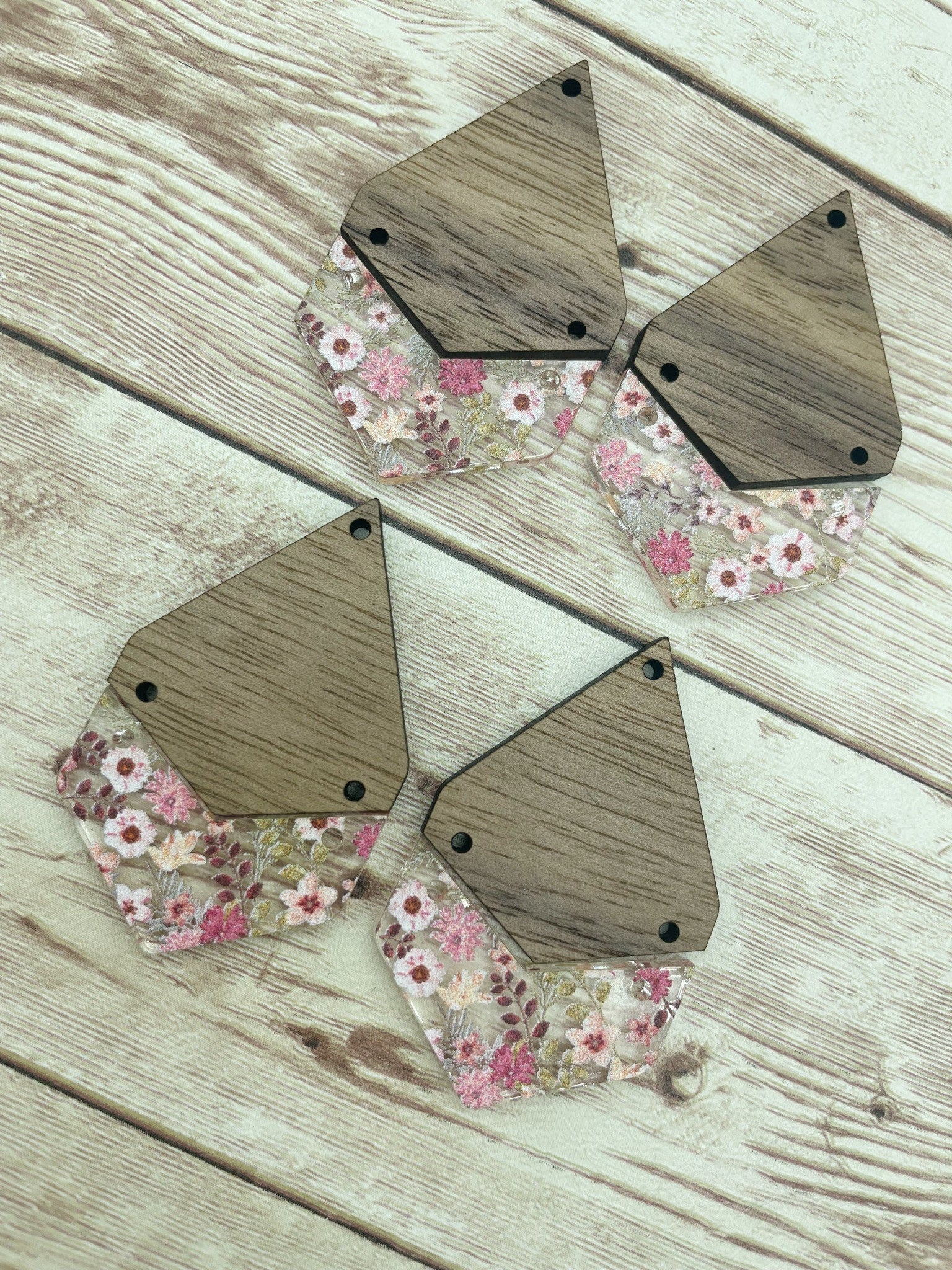 Patterned Dusty Floral Acrylic and Walnut Teardrop Set Earring Blanks, DIY Jewelry Making