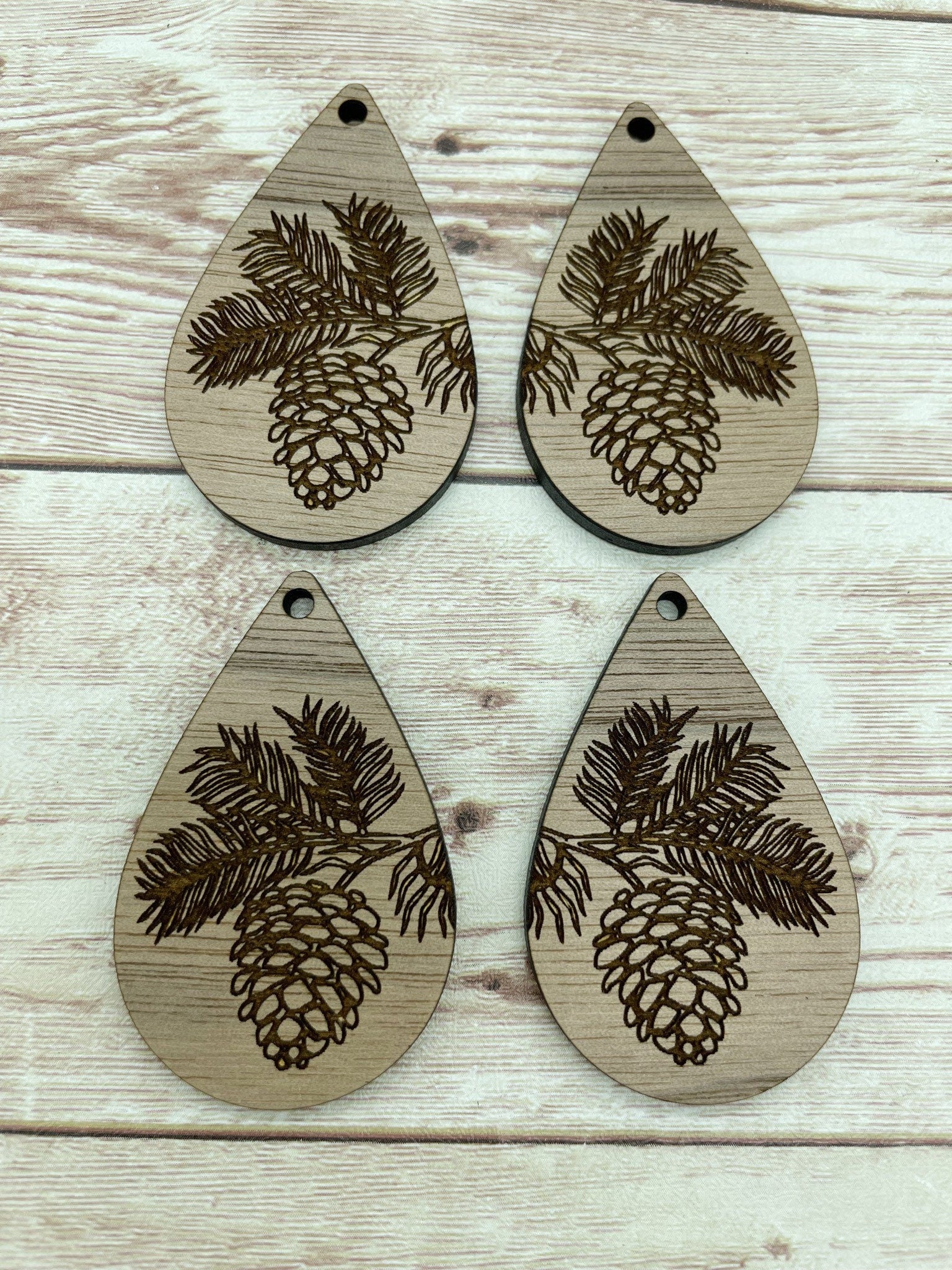 Wood Teardrop Engraved Winter Pinecone Earring Blanks, Finished Walnut Blank, DIY Jewelry Making