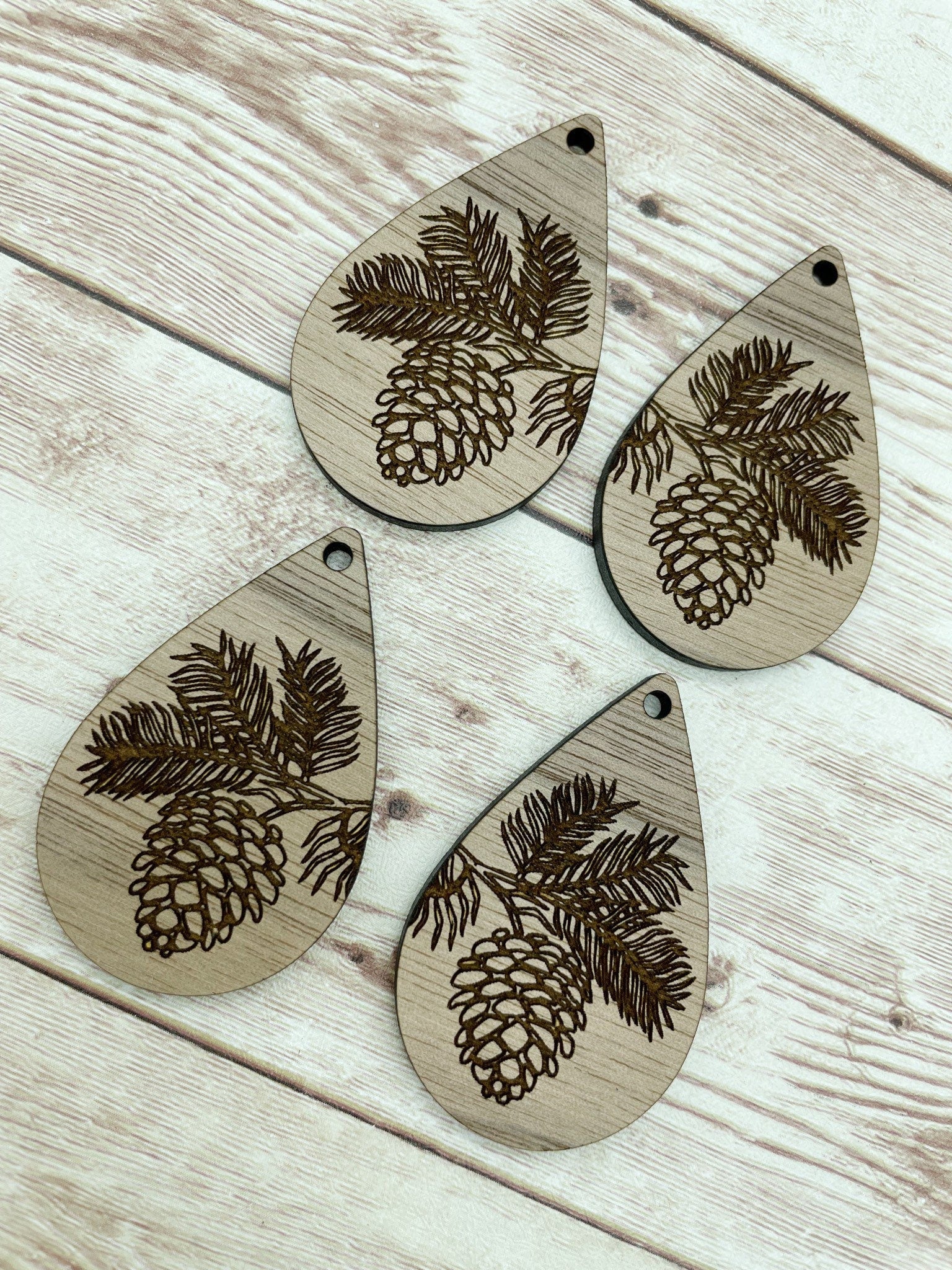 Wood Teardrop Engraved Winter Pinecone Earring Blanks, Finished Walnut Blank, DIY Jewelry Making