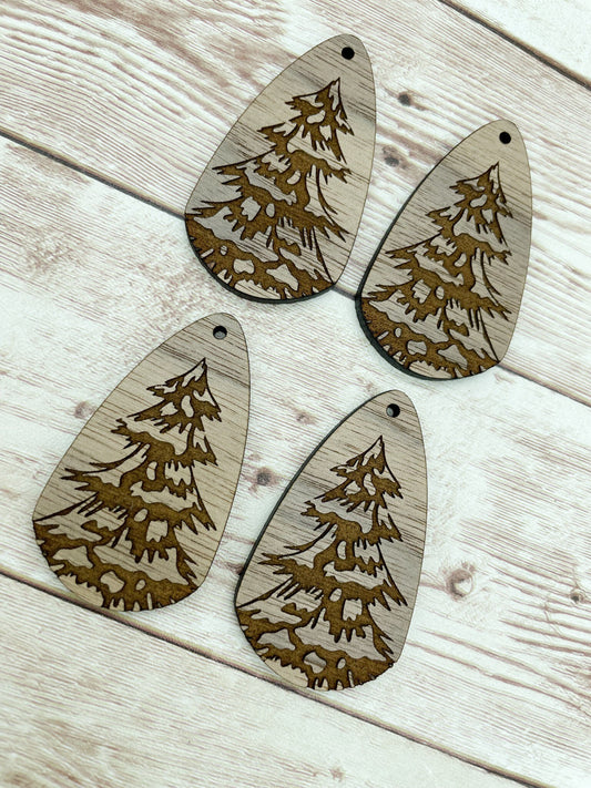 Wood Engraved Winter Tree Dangle Earring Blanks, Finished Walnut Blank, DIY Jewelry Making