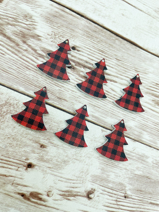 Red and White Buffalo Plaid Acrylic Christmas Tree Dangle Blanks Set of 3 Pair DIY Jewelry Making