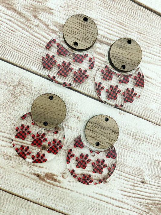 Patterned Buffalo Plaid Paw Print Acrylic and Wood Circle Set Earring Blanks, DIY Jewelry Making