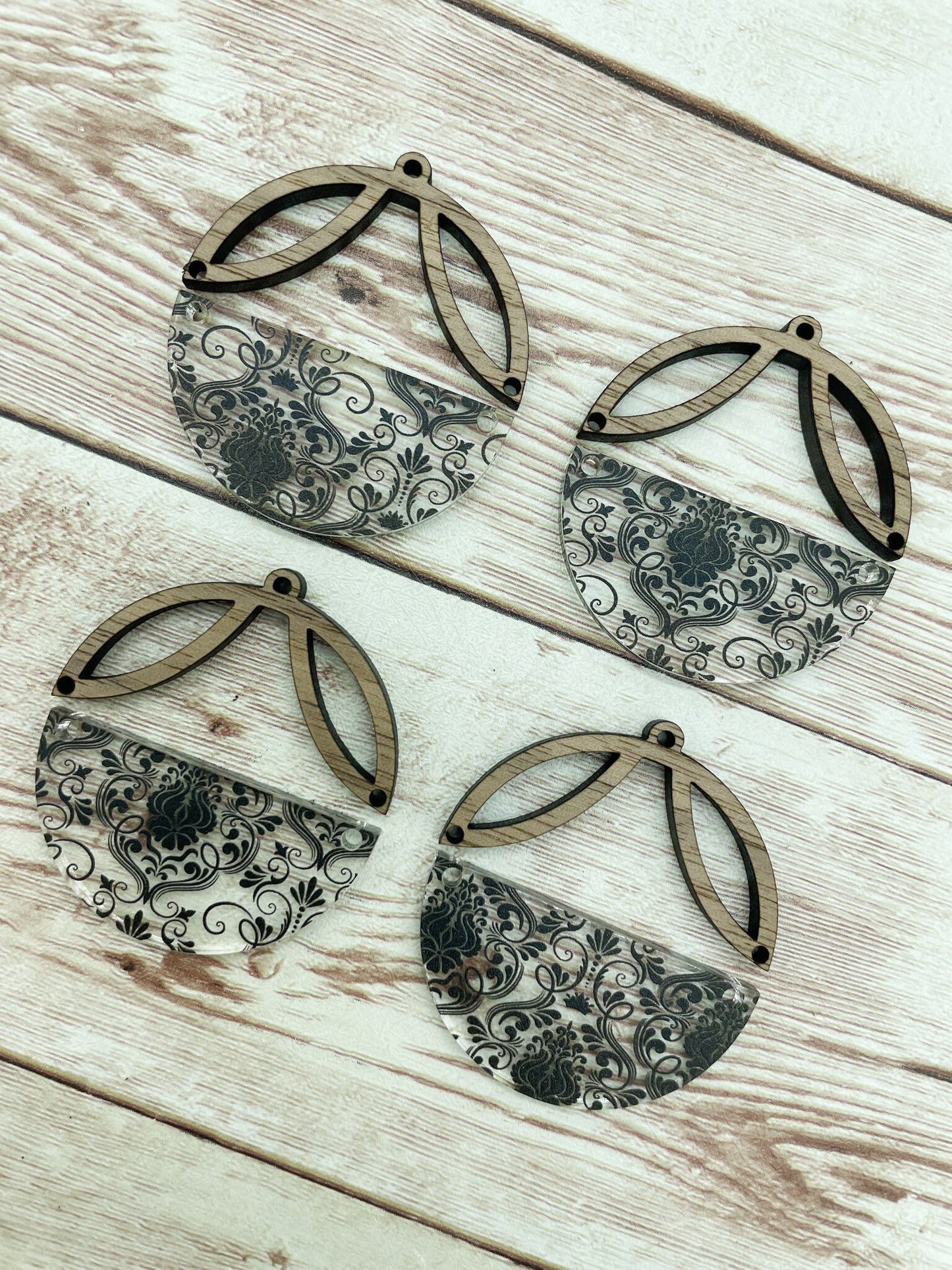 Patterned Black Print Acrylic Intricate Wood Arch Round Earring Blanks, DIY Jewelry Making