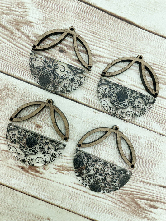 Patterned Black Print Acrylic Intricate Wood Arch Round Earring Blanks, DIY Jewelry Making