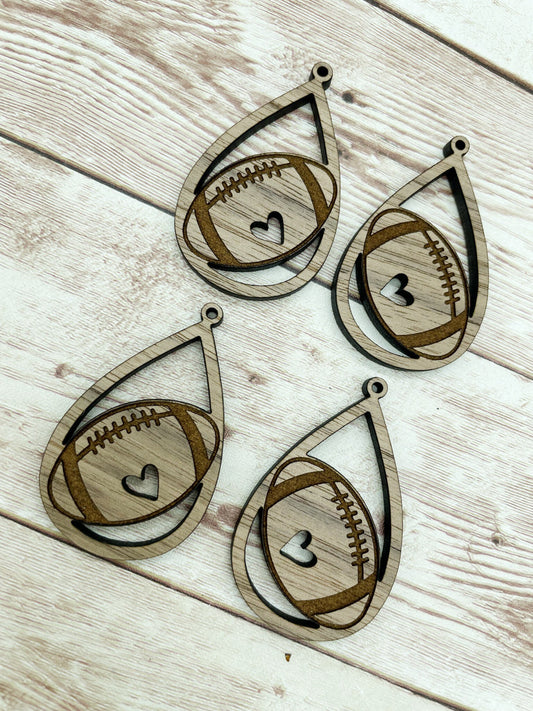 Wood Teardrop Engraved Football Earring Blanks, Finished Walnut Blank, DIY Jewelry Making