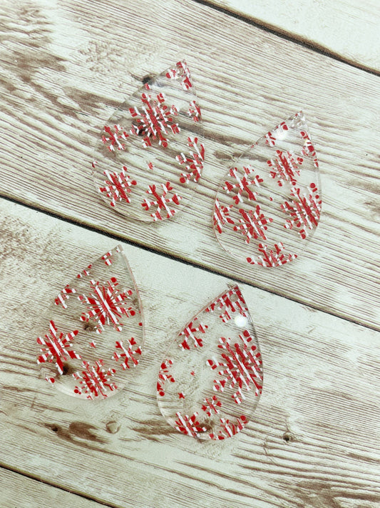 Patterned Candy Cane Snowflake Print Acrylic Teardrop Earring Blanks, DIY Jewelry Making