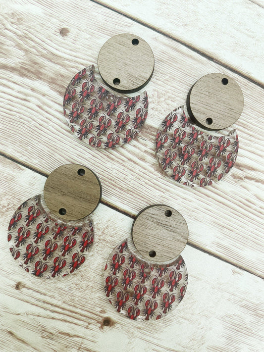 Patterned Lobster Acrylic and Wood Circle Set Earring Blanks, DIY Jewelry Making
