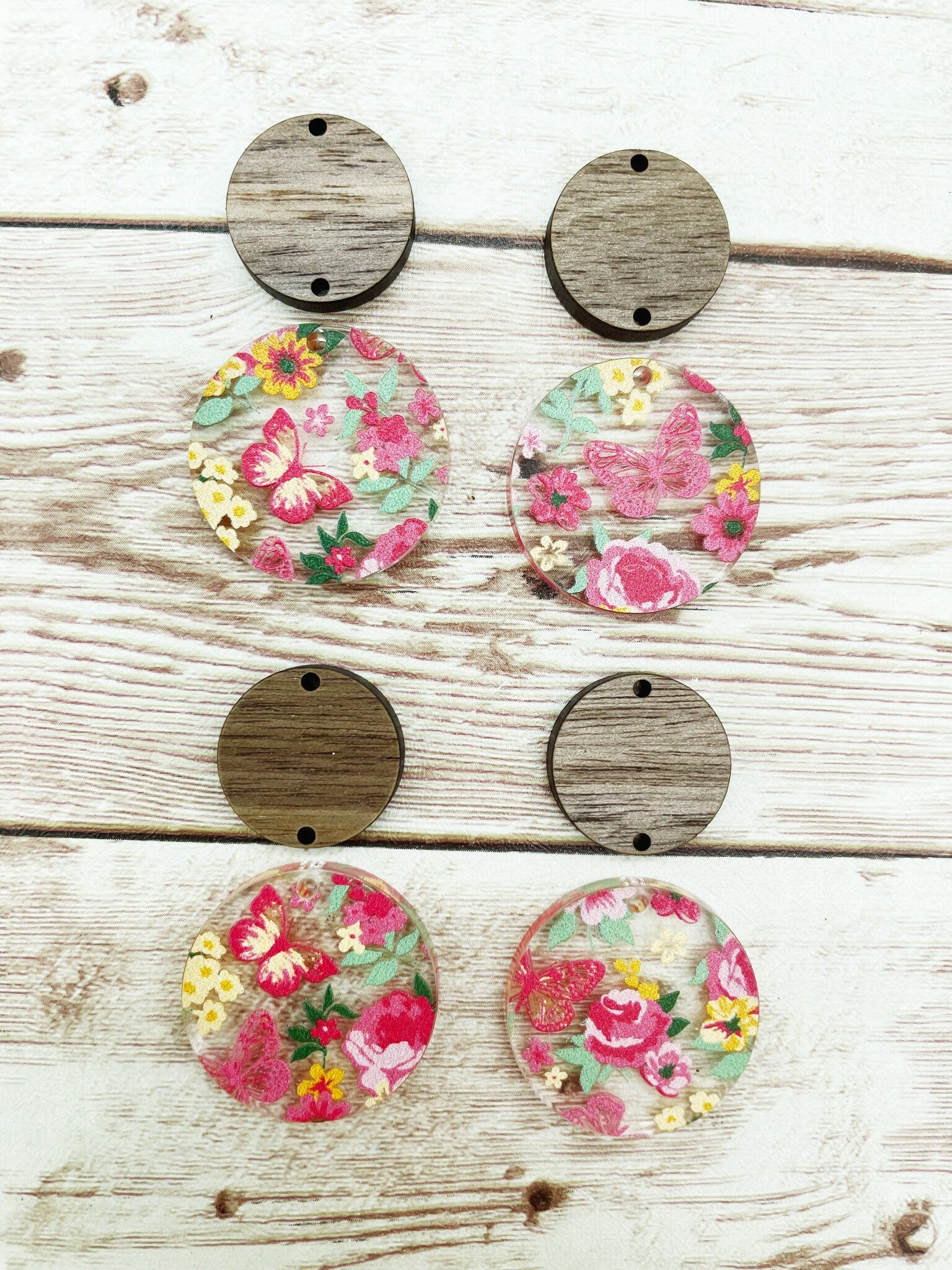 Patterned Floral Butterfly Acrylic and Wood Circle Set Earring Blanks, DIY Jewelry Making