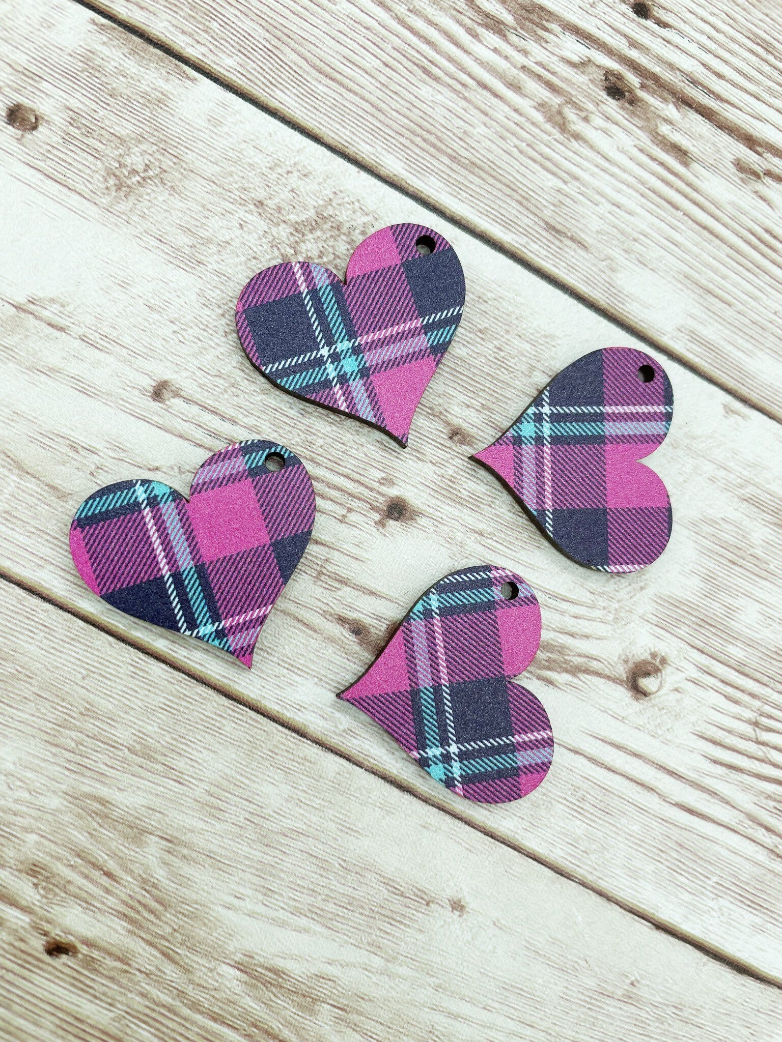 Patterned Wood Pink Plaid Heart Earring Blanks, DIY Jewelry Making