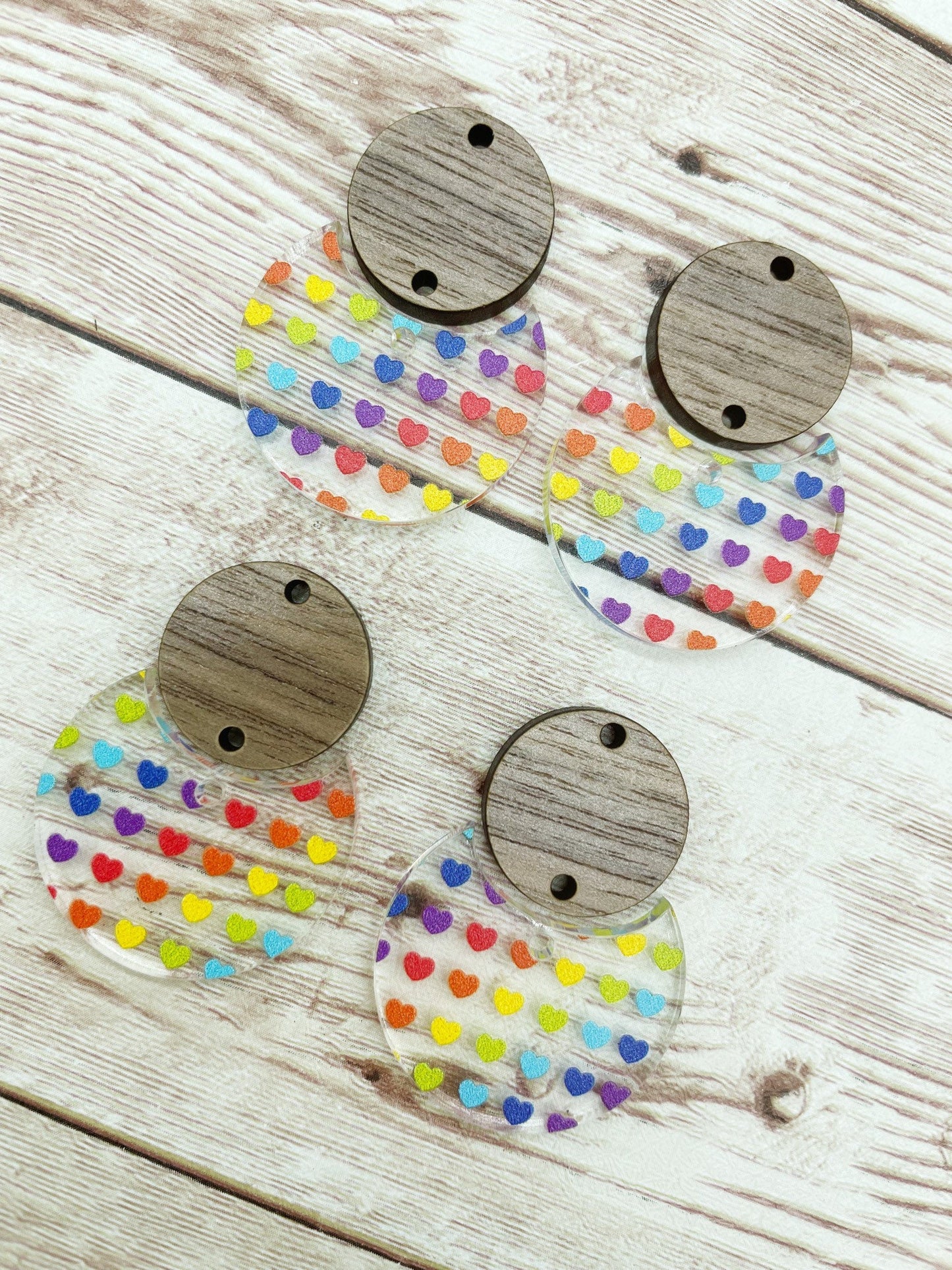 Patterned Rainbow Heart and Wood Circle Set Earring Blanks, DIY Jewelry Making