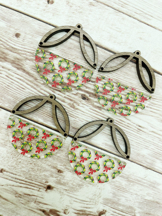 Patterned Acrylic Vintage Holiday Wreath Intricate Wood Arch Round Earring Blanks, DIY Jewelry Making