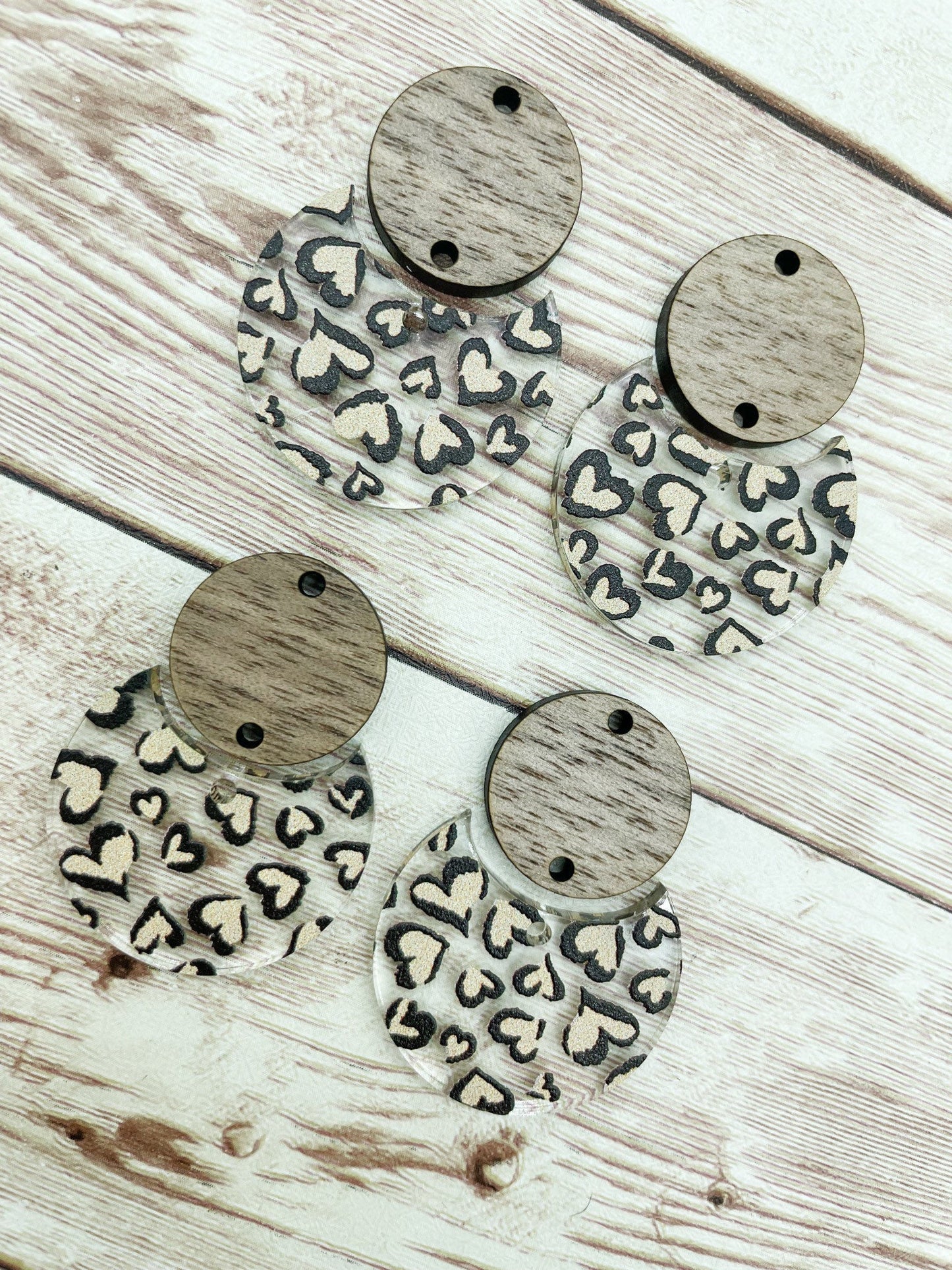 Patterned Leopard Style Heart Print Acrylic and Wood Circle Set Earring Blanks, DIY Jewelry Making