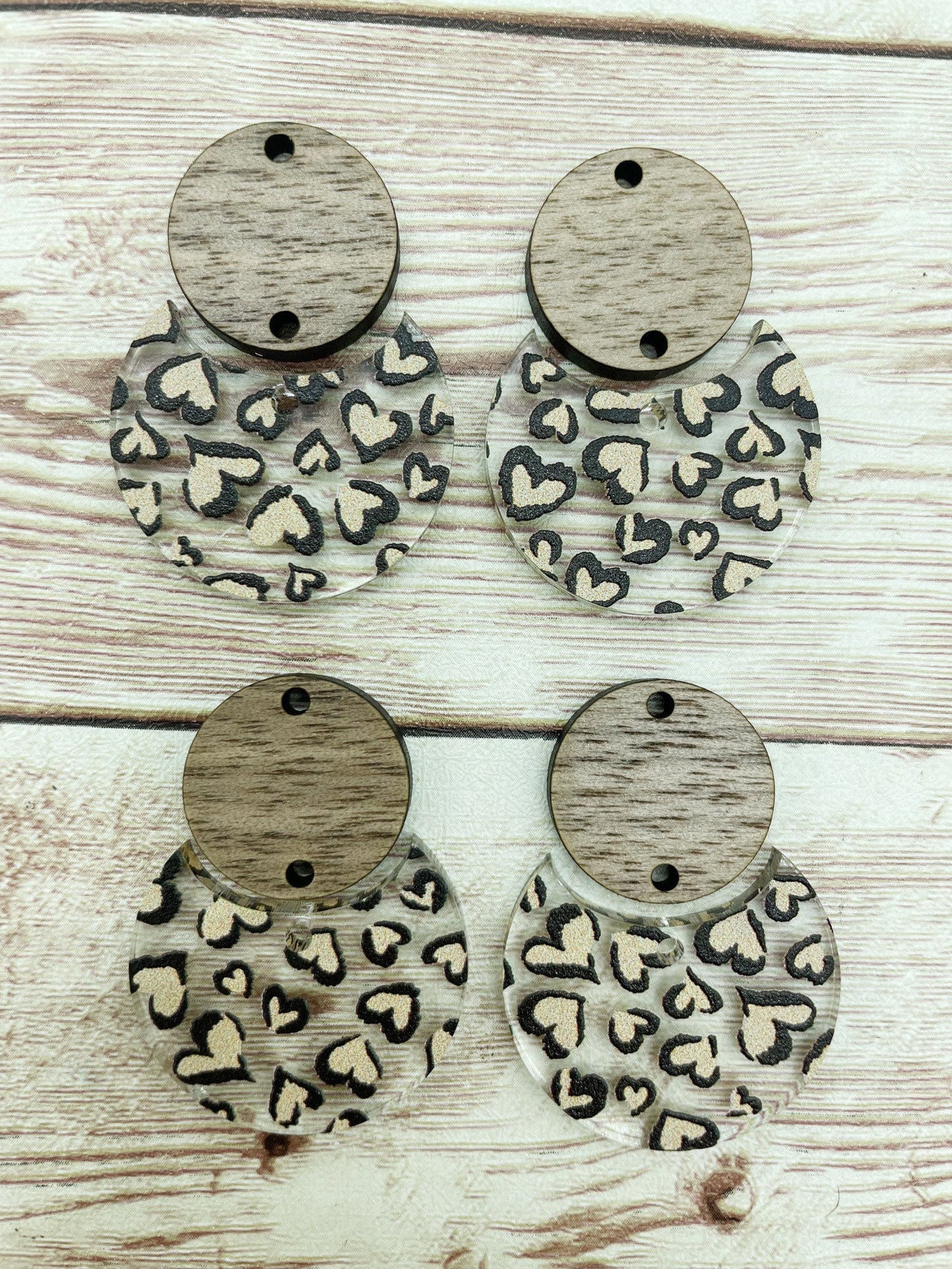 Patterned Leopard Style Heart Print Acrylic and Wood Circle Set Earring Blanks, DIY Jewelry Making