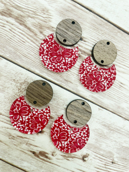 Patterned Red Lace Print Acrylic and Wood Circle Set Earring Blanks, DIY Jewelry Making