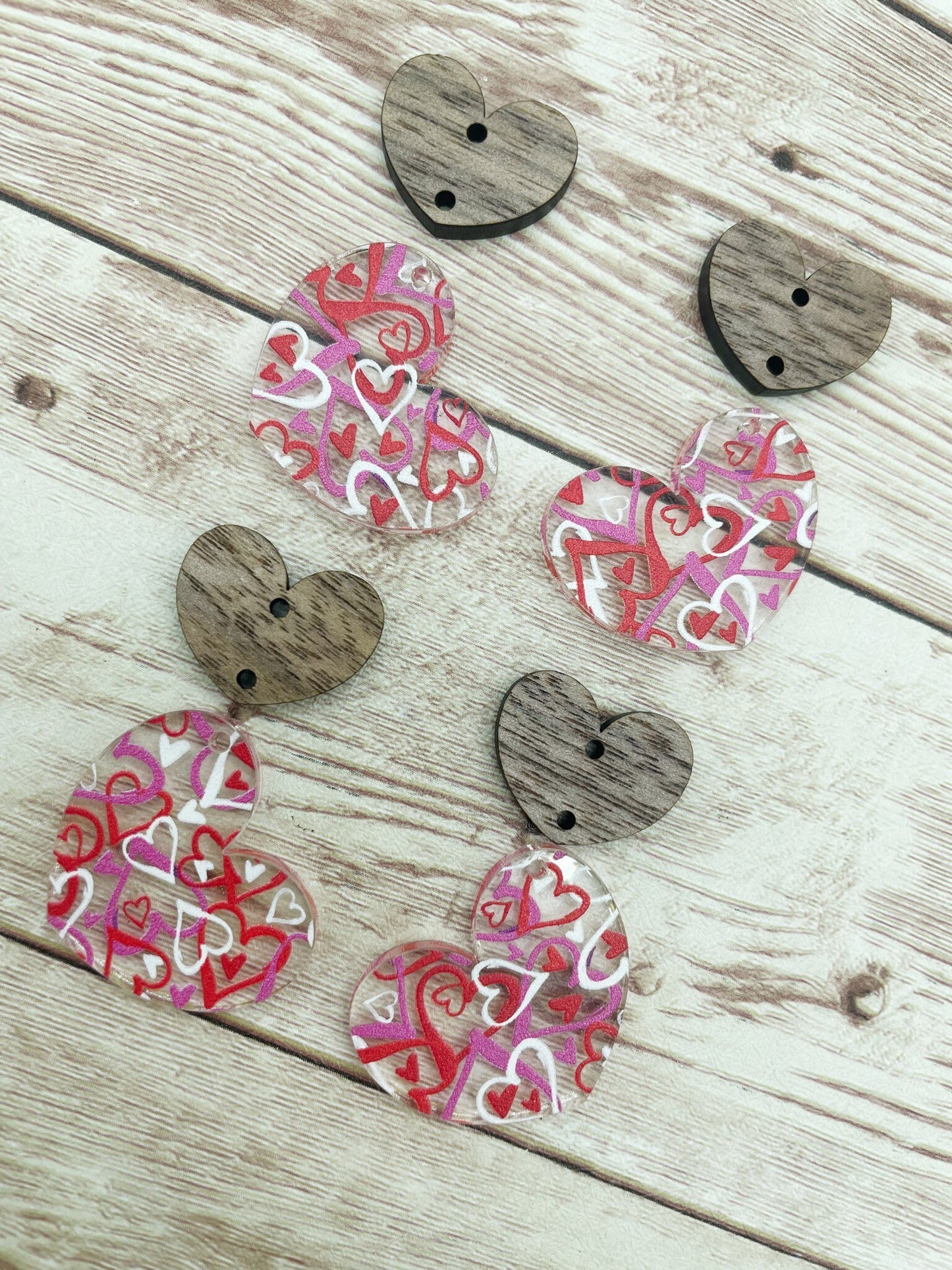 Heart Print Acrylic and Wood Heart Earring Blanks, DIY Jewelry Making