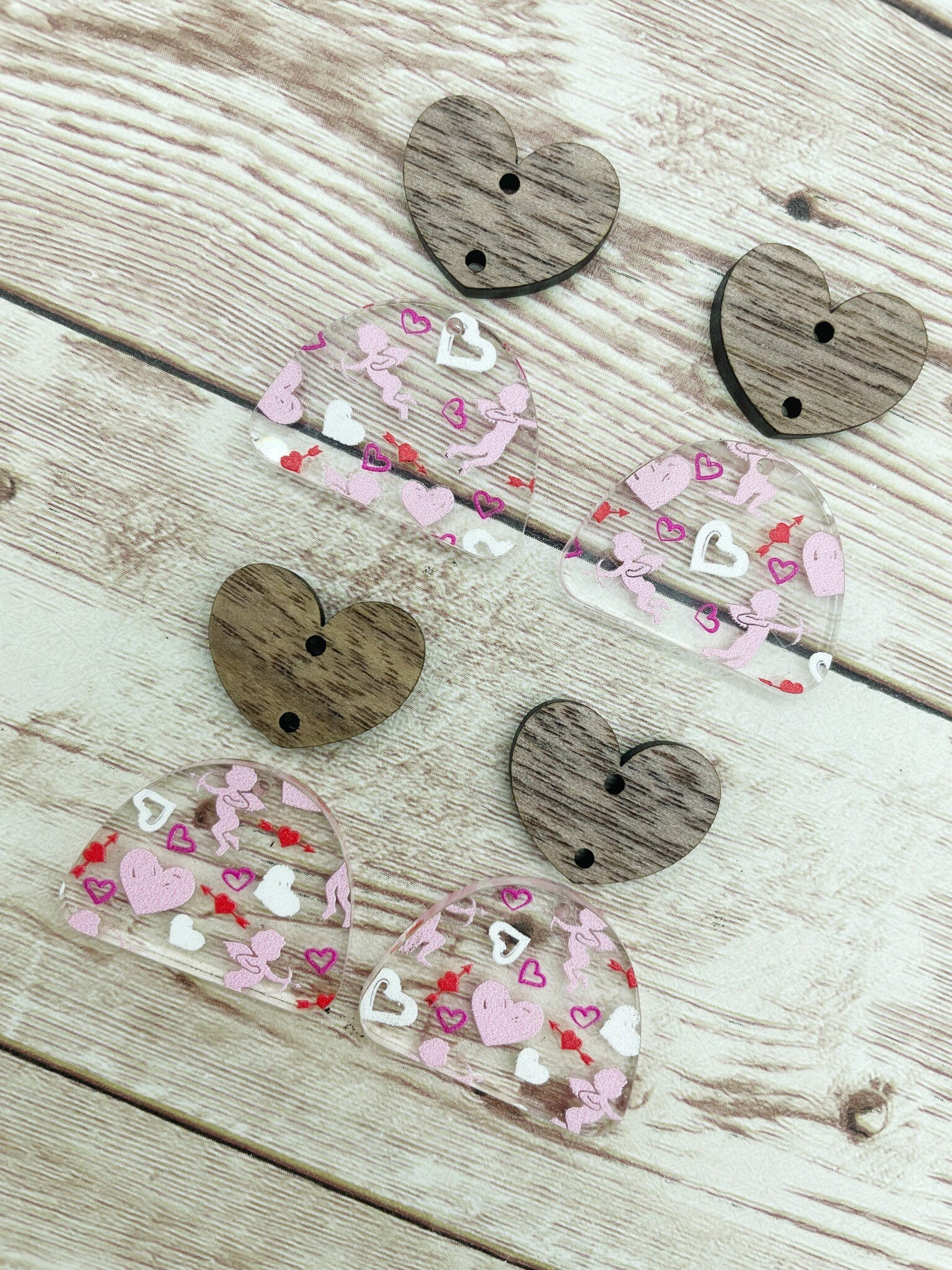 Cupid Print Acrylic and Wood Heart Earring Blanks, DIY Jewelry Making
