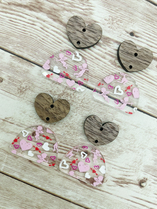Cupid Print Acrylic and Wood Heart Earring Blanks, DIY Jewelry Making