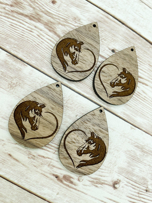 Wood Teardrop Engraved Horse Heart Earring Blanks, Finished Walnut Blank, DIY Jewelry Making