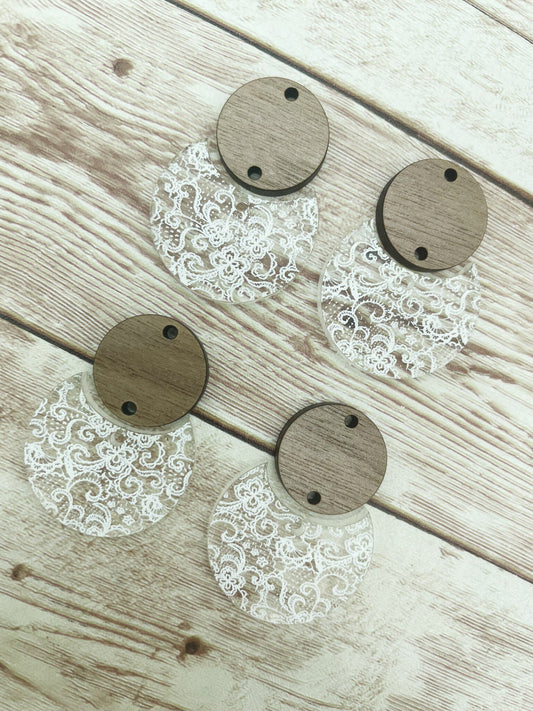 Patterned White Lace Acrylic and Wood Circle Set Earring Blanks, DIY Jewelry Making
