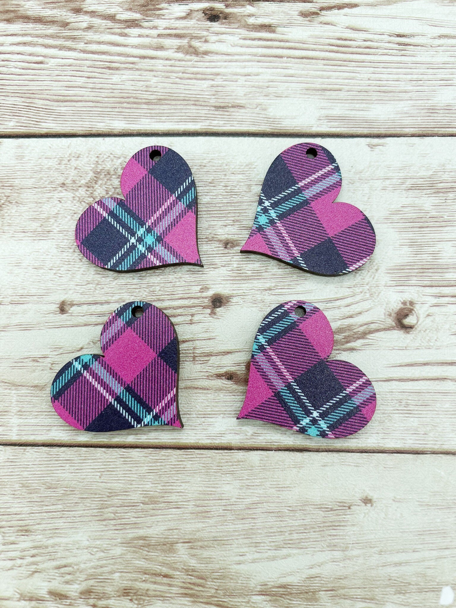 Patterned Wood Pink Plaid Heart Earring Blanks, DIY Jewelry Making