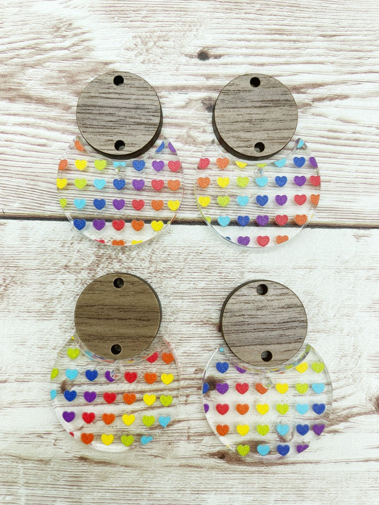 Patterned Rainbow Heart and Wood Circle Set Earring Blanks, DIY Jewelry Making