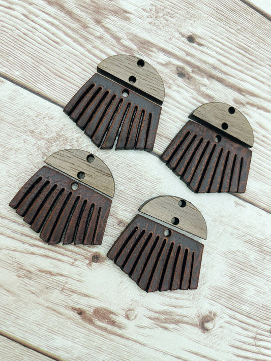 Wood and Vegetable Tanned Brown Fringe Leather Earring Blanks, Finished Walnut Blank, DIY Jewelry Making