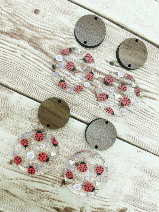 Patterned Love Bug Acrylic and Wood Circle Set Earring Blanks, DIY Jewelry Making