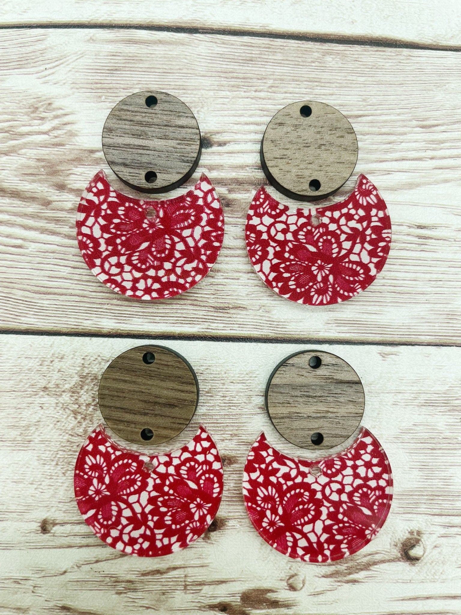 Patterned Red Lace Print Acrylic and Wood Circle Set Earring Blanks, DIY Jewelry Making
