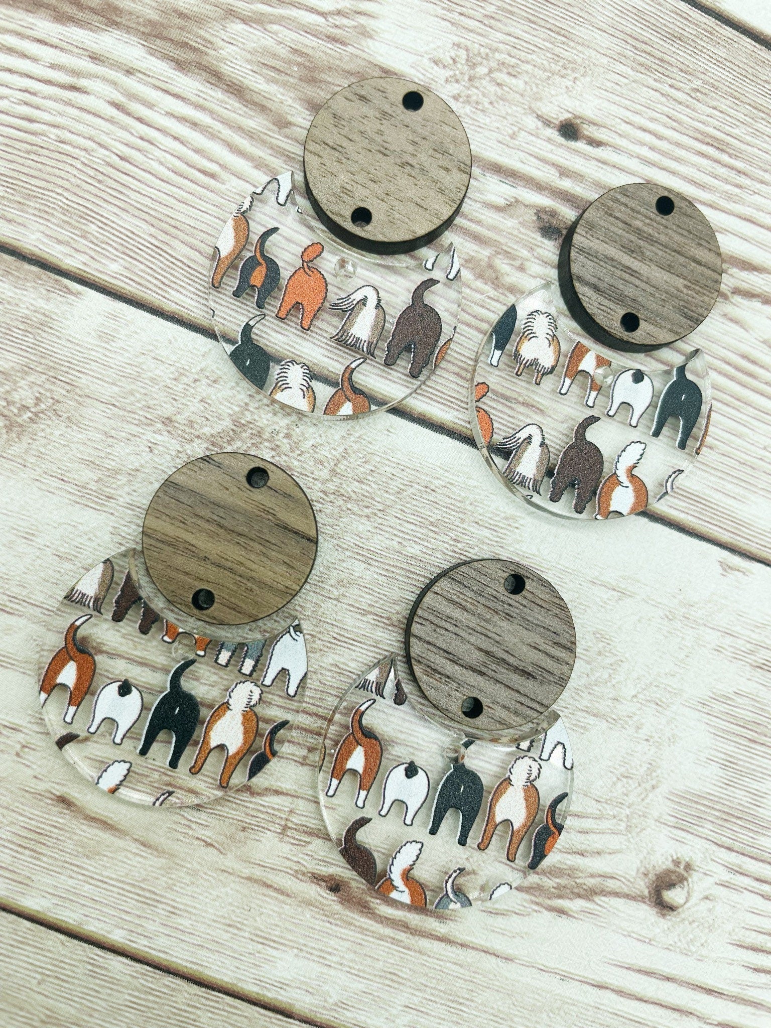 Patterned Dog Bottom Acrylic and Wood Circle Set Earring Blanks, DIY Jewelry Making