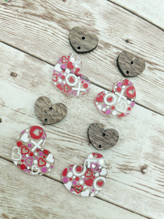 XOXO Print Acrylic and Wood Heart Earring Blanks, DIY Jewelry Making