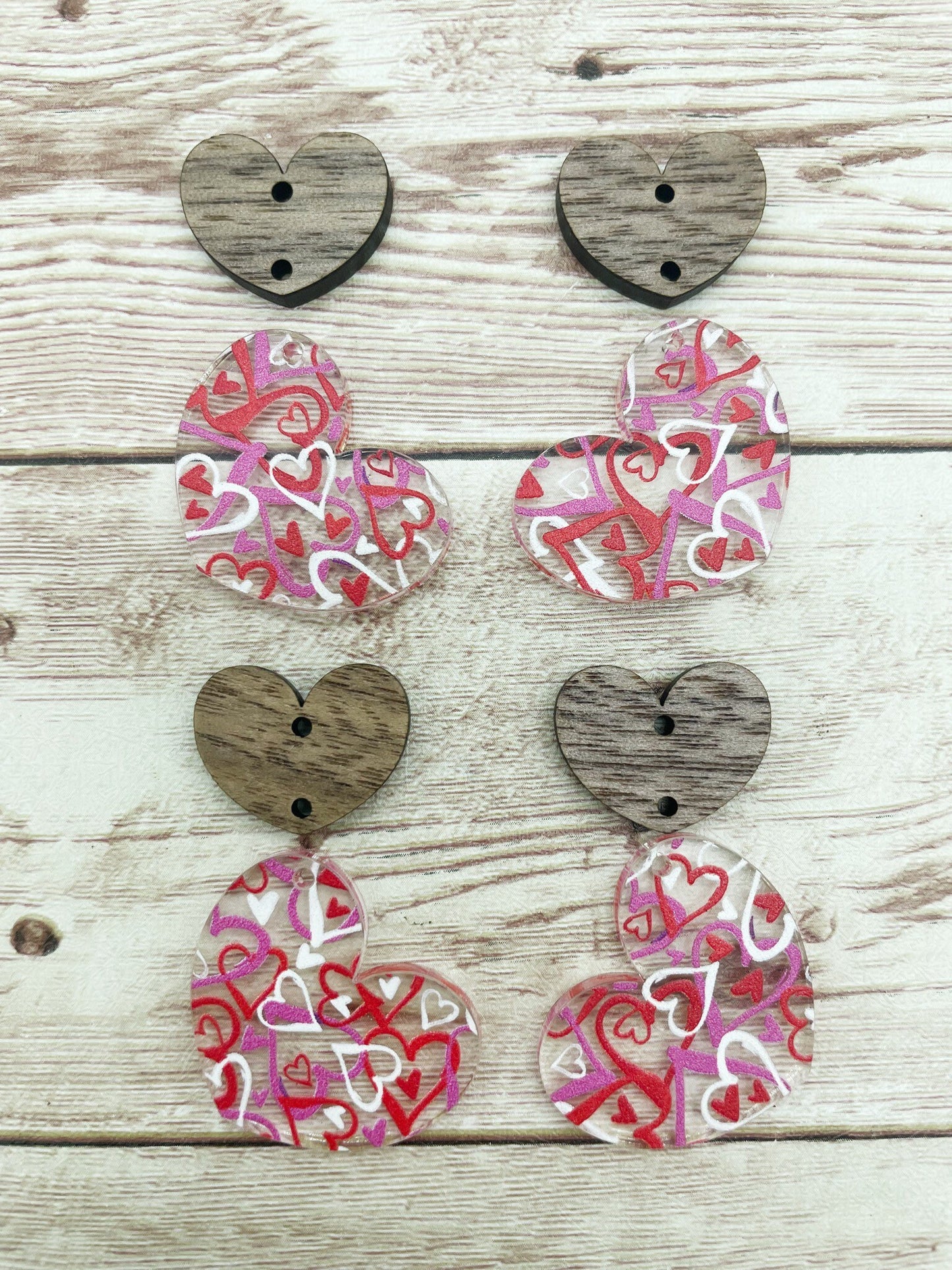 Heart Print Acrylic and Wood Heart Earring Blanks, DIY Jewelry Making