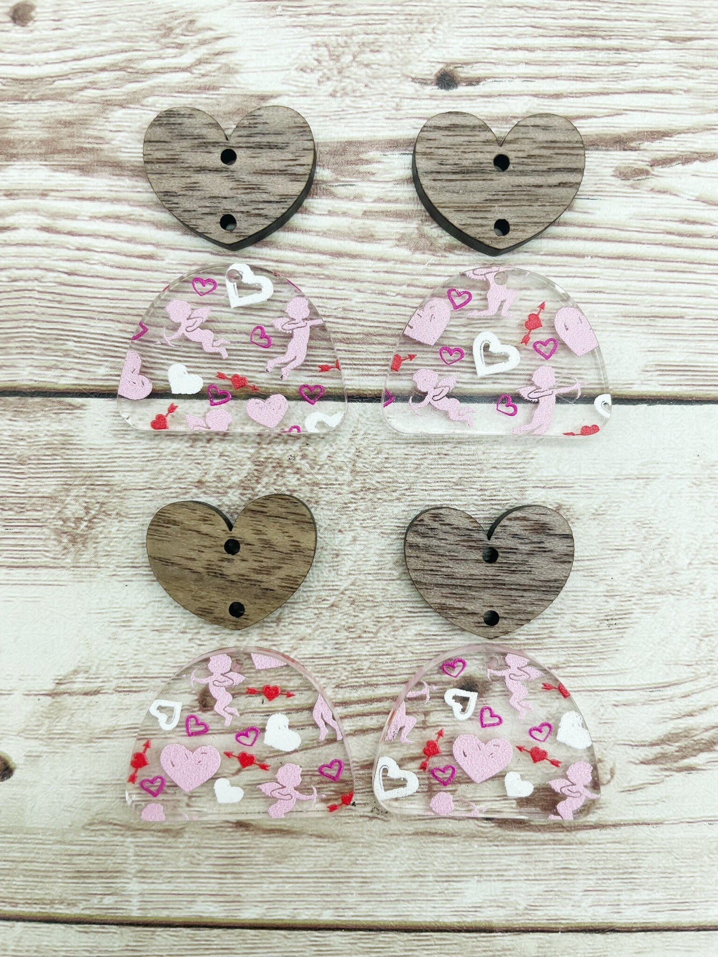 Cupid Print Acrylic and Wood Heart Earring Blanks, DIY Jewelry Making
