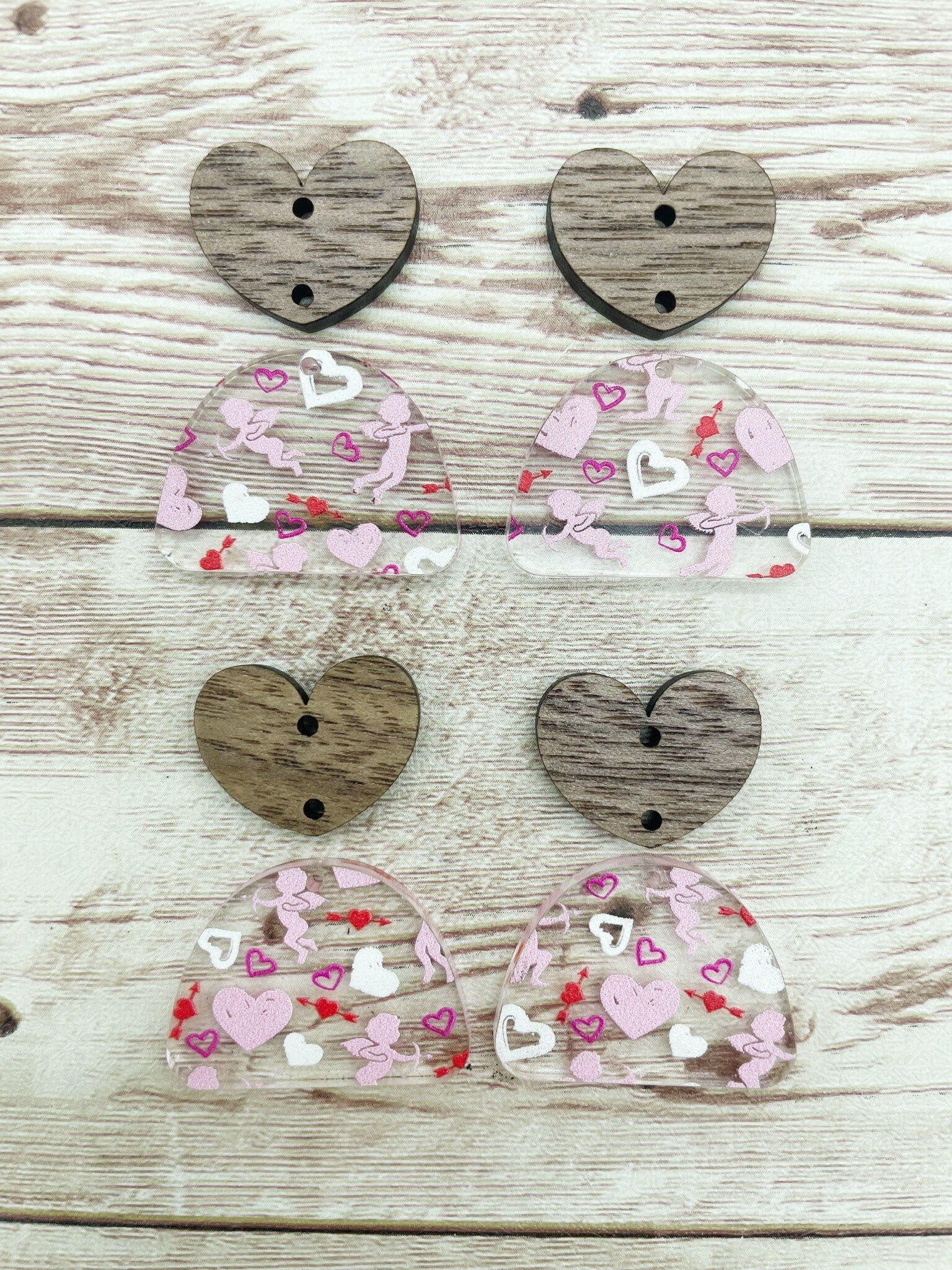 Cupid Print Acrylic and Wood Heart Earring Blanks, DIY Jewelry Making