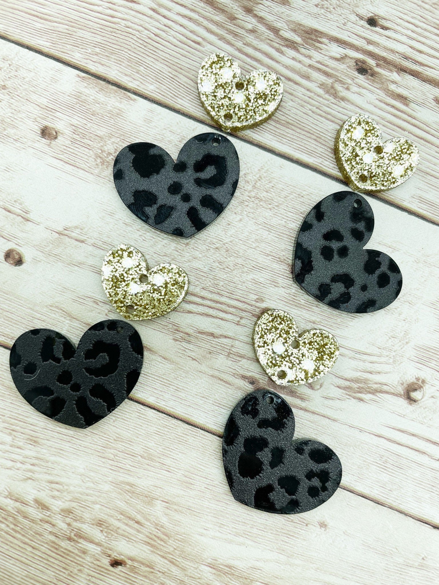 Black Leopard Print Acrylic and Gold Glitter Heart Earring Blanks, DIY Jewelry Making