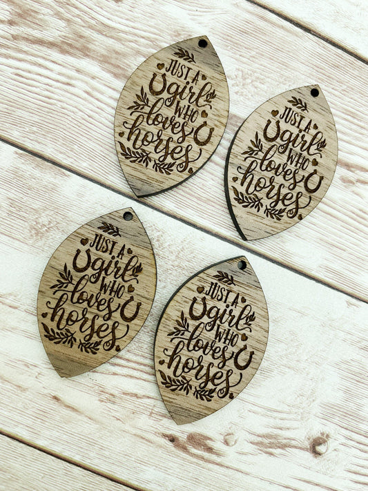 Wood Teardrop Engraved Girl Who Loves Horses Earring Blanks, Finished Walnut Blank, DIY Jewelry Making