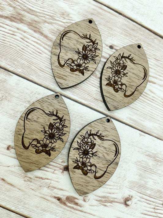 Wood Teardrop Engraved Floral Tooth Earring Blanks, Finished Walnut Blank, DIY Jewelry Making