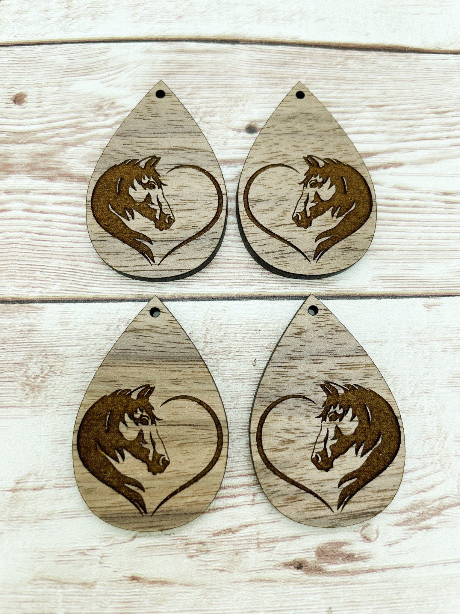 Wood Teardrop Engraved Horse Heart Earring Blanks, Finished Walnut Blank, DIY Jewelry Making