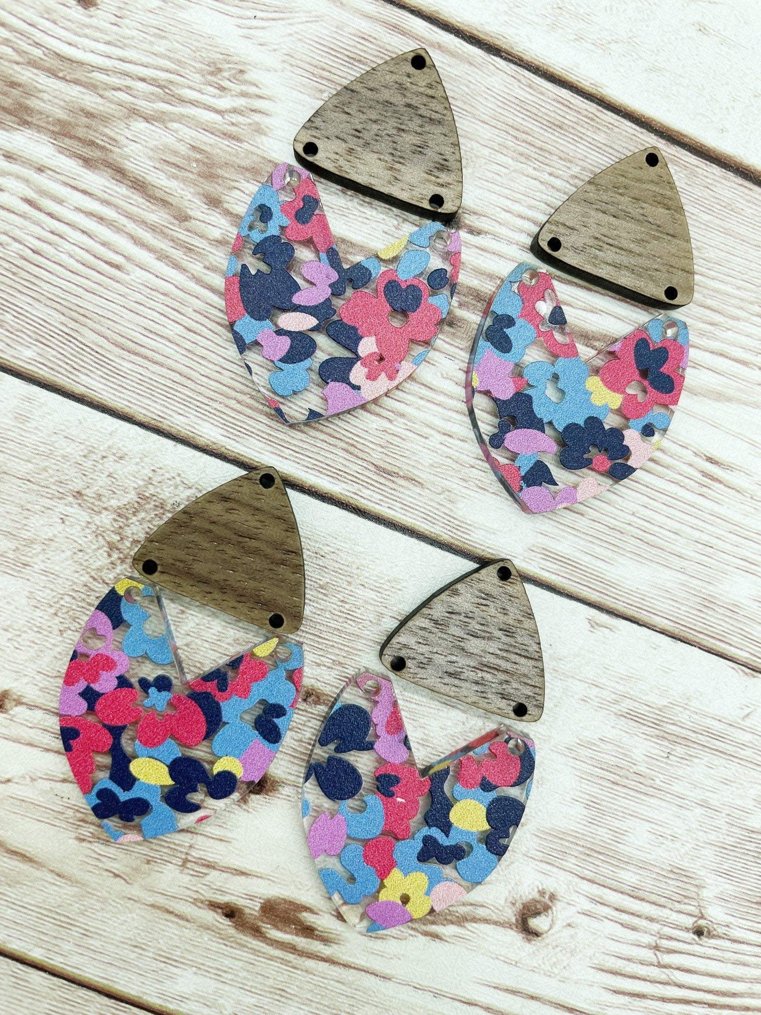 Colorful Floral Acrylic and Walnut Triangle Set Earring Blanks, DIY Jewelry Making