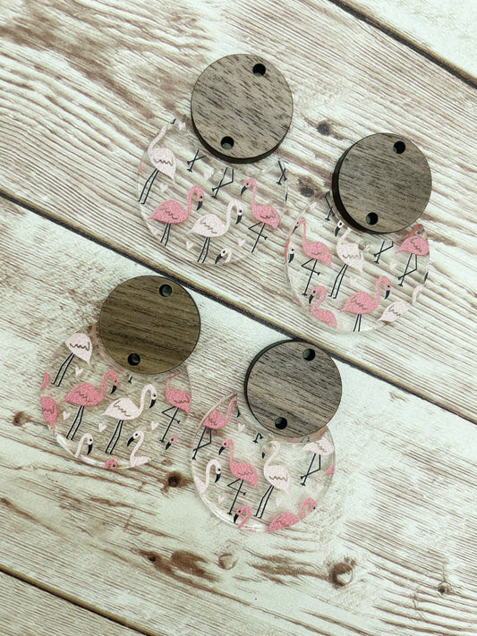 Patterned Flamingo Print Acrylic and Wood Circle Set Earring Blanks, DIY Jewelry Making